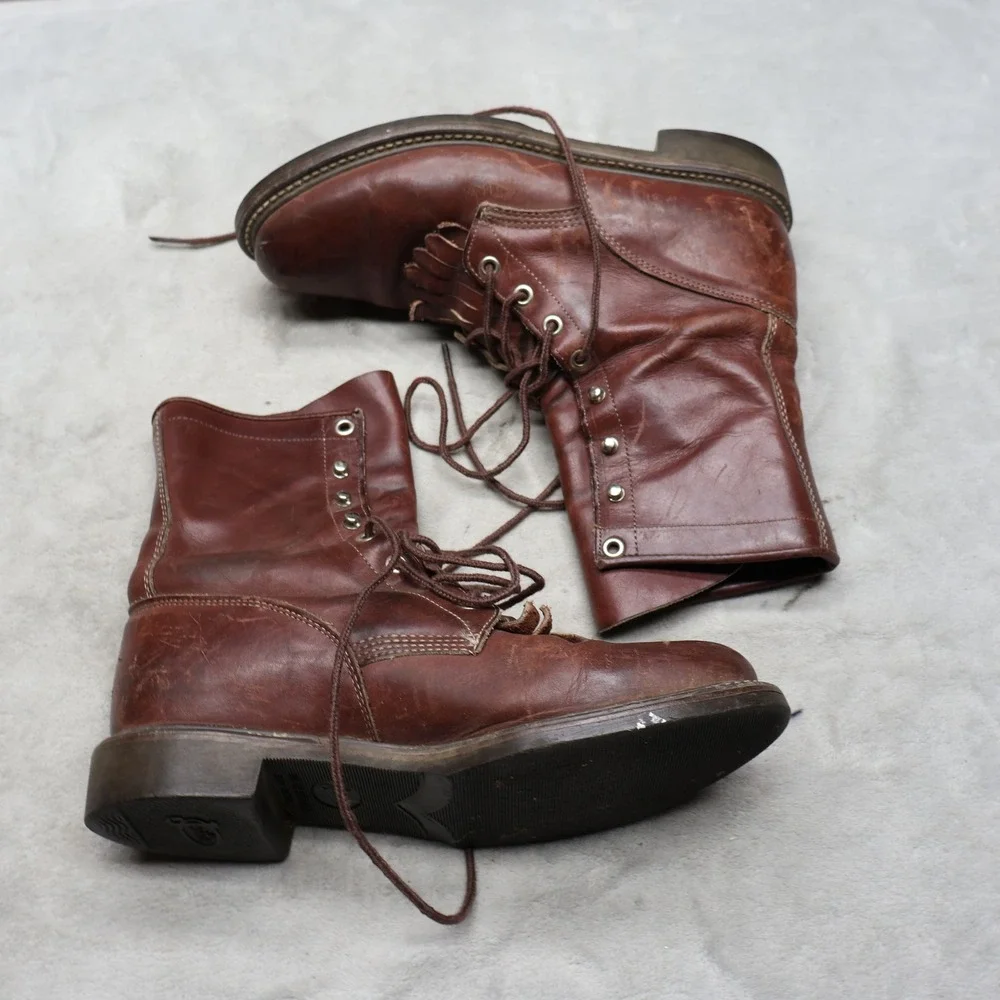 Justin‎ Mens 7.5B Roper Boots Red Leather Lace Up Kiltie Rugged Workwear VTG USA